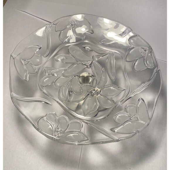 Vintage Compote Bon Bon Dish Pedestal Clear Embossed Frosted Flowers 8" - Picture 2 of 5